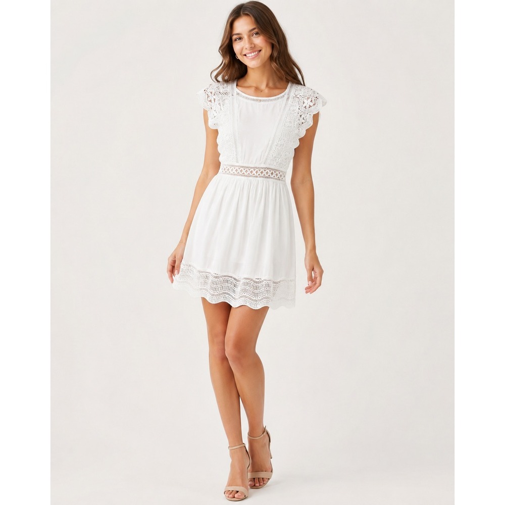 Aqua Dress Womens XS White Cotton Polyester Crochet Cap Sleeves Boho Hippie